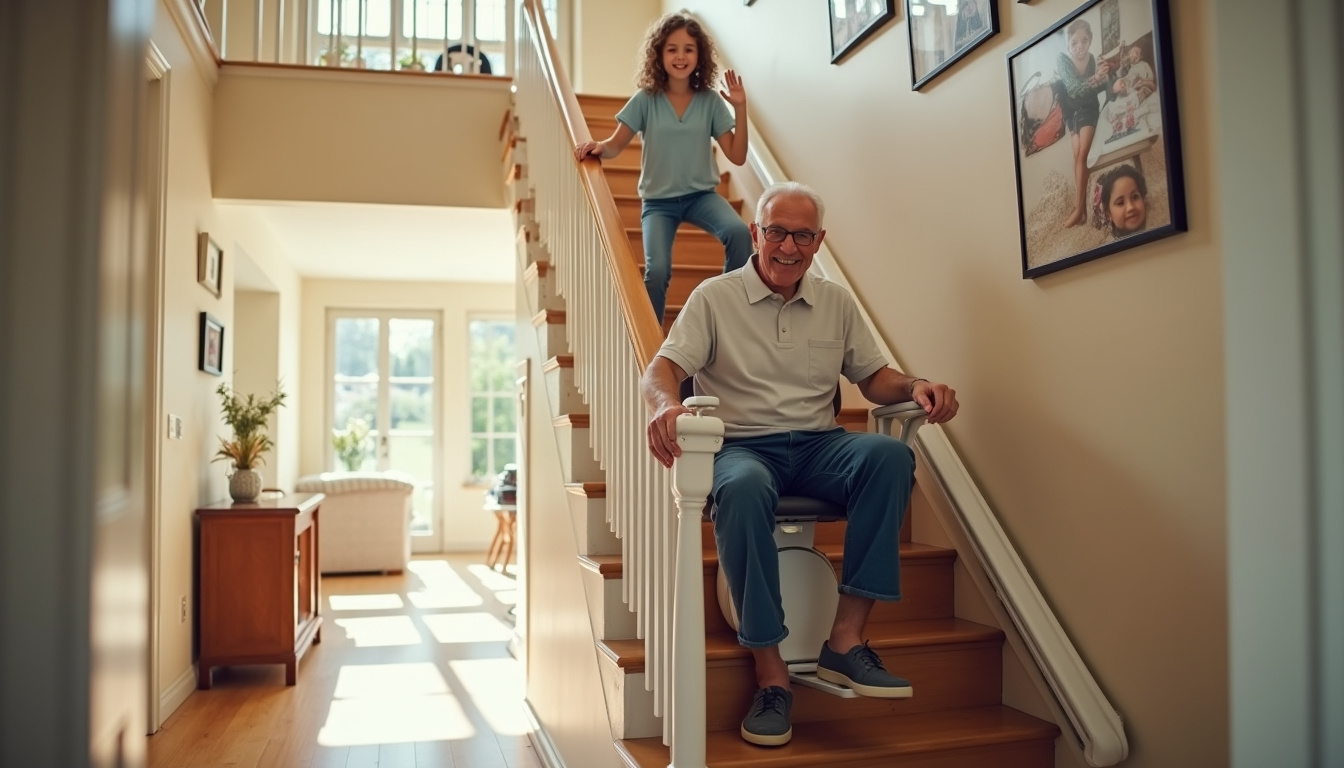 Senior utilisant un monte-escalier dans une maison familiale