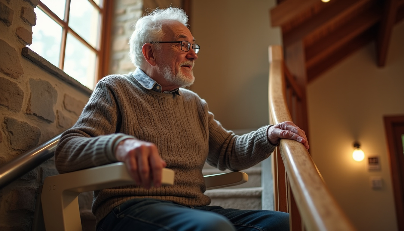 Senior utilisant un monte-escalier dans une maison typique de Vabres-l