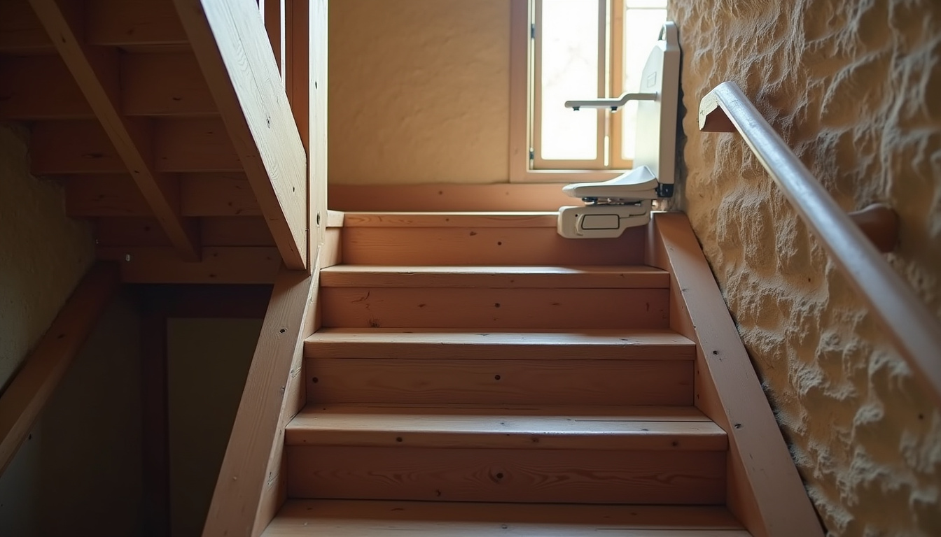 Siège de monte-escalier installé sur un escalier intérieur en bois, dans une maison traditionnelle de Laroque-des-Albères