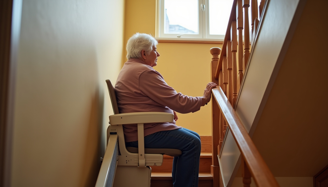Siège de monte-escalier intérieur en fonctionnement dans une maison de Bellême