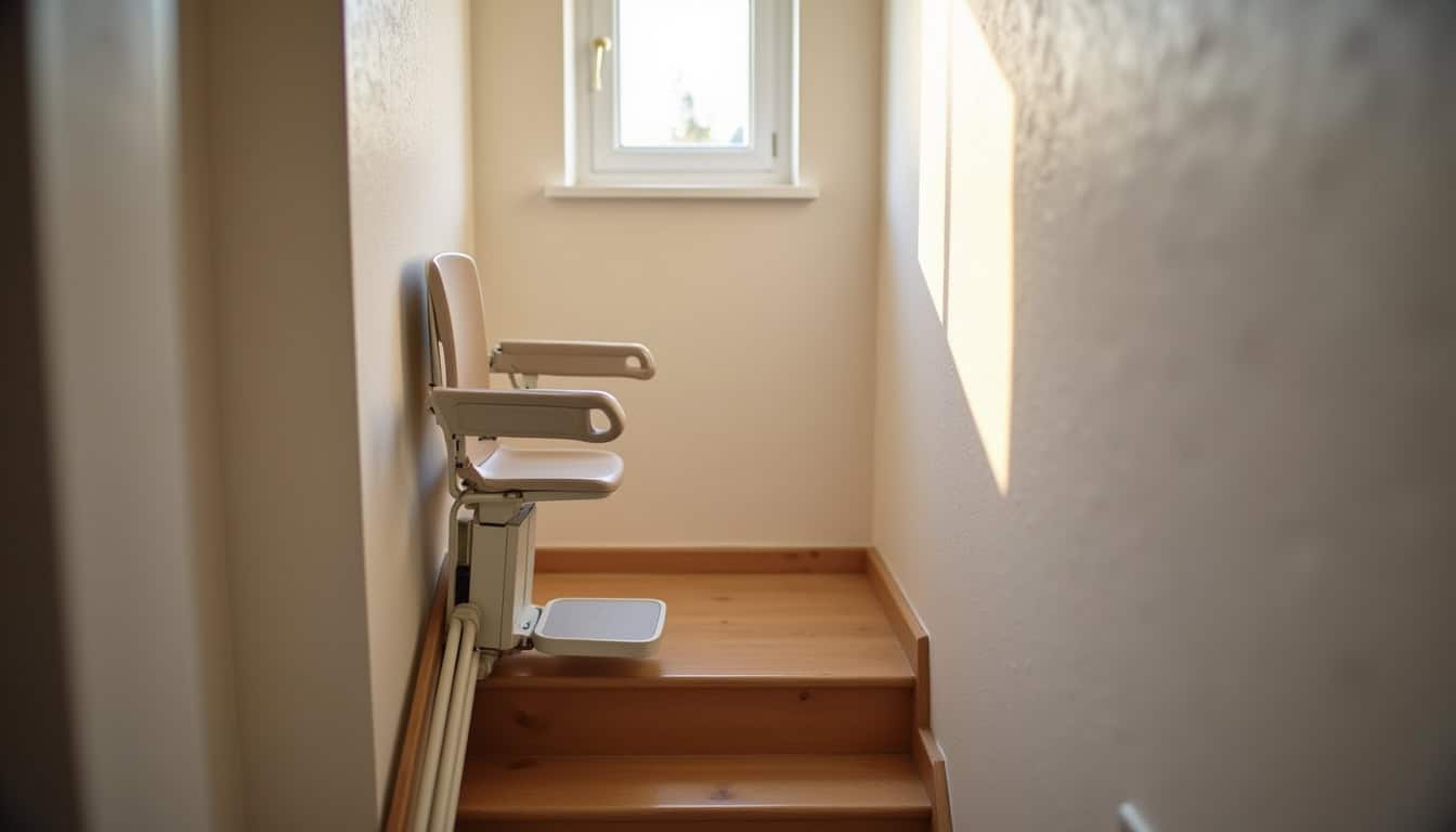 Siège de monte-escalier replié dans un couloir à Landevieille, montrant l