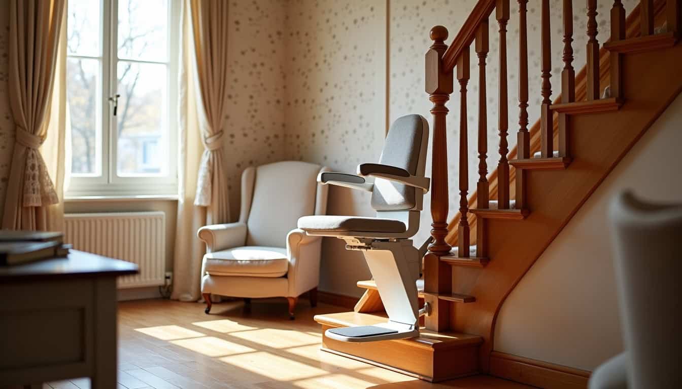 Siège de monte-escalier replié dans un salon traditionnel à Gourdon, intégré au décor sans gêne