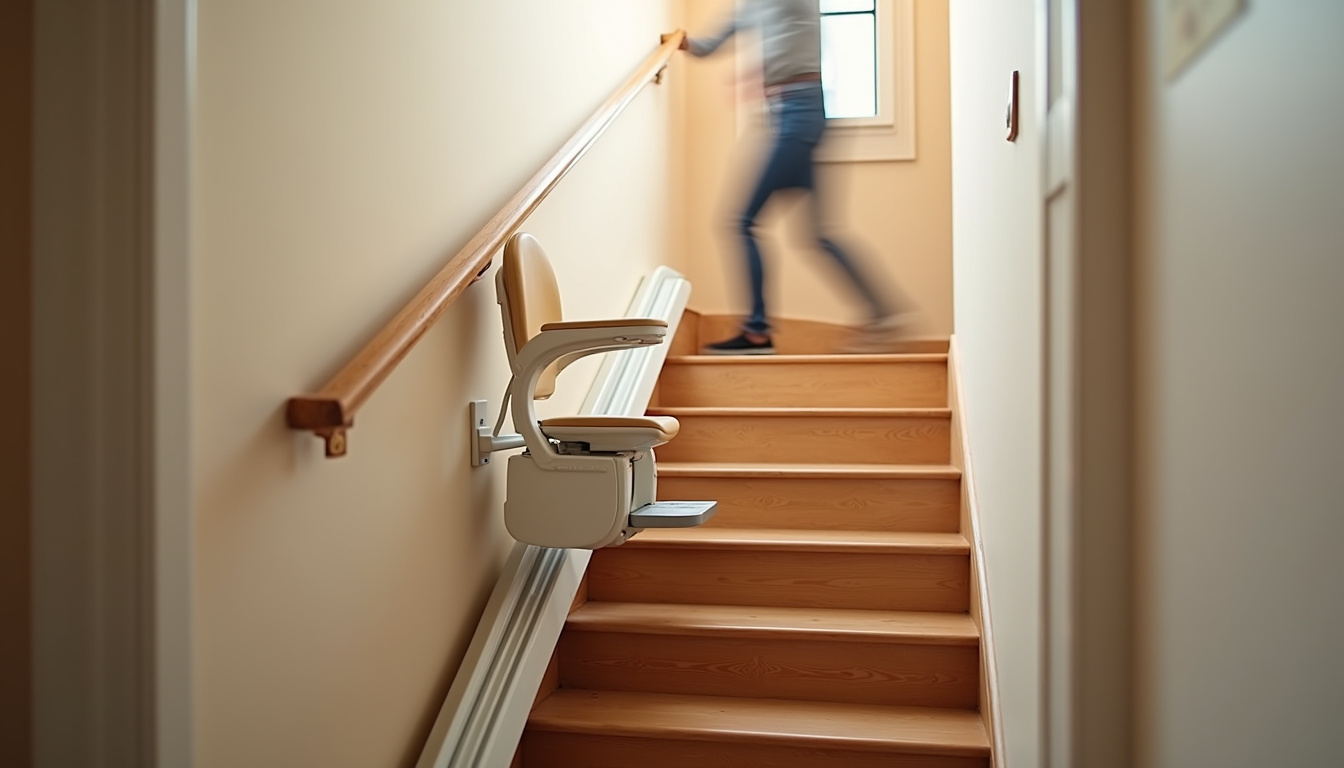 Siège de monte-escalier replié pour laisser passer dans l’escalier