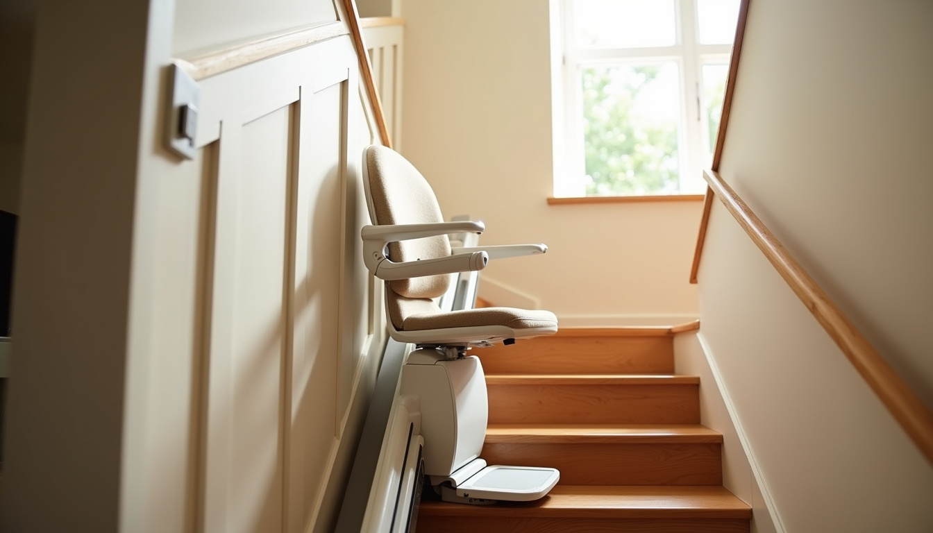 Siège monte-escalier installé sur un escalier intérieur droit dans une maison de Saint-Égrève