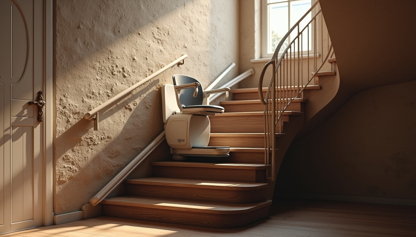 Simulation 3D d’un monte-escalier tournant dans une maison ancienne