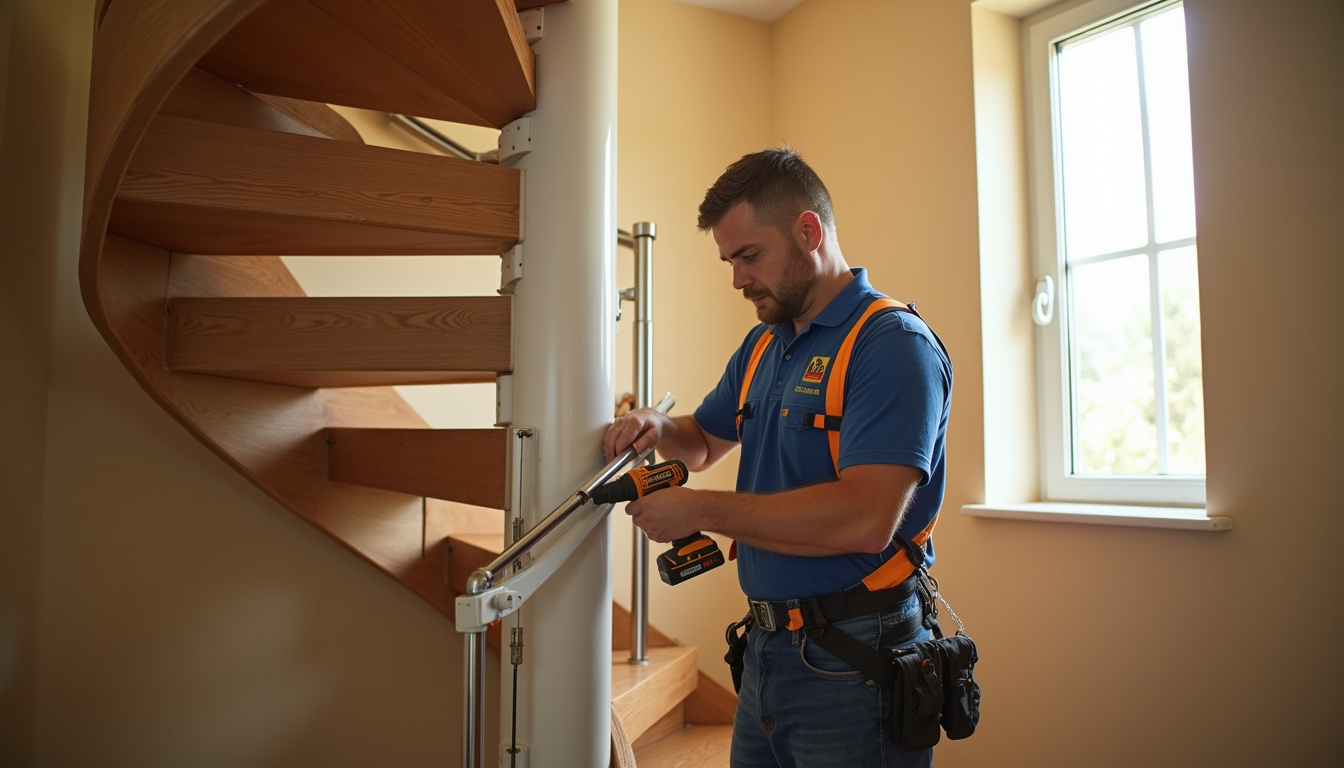 Technicien 3MC en train d’installer un monte-escalier tournant dans une maison à Lédat