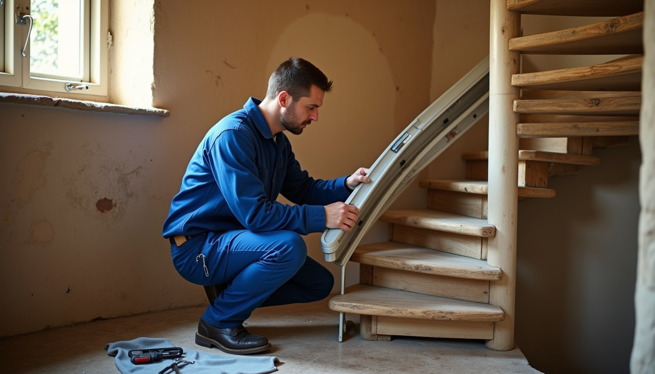 Technicien ajustant un monte-escalier tournant dans une maison de Laroque
