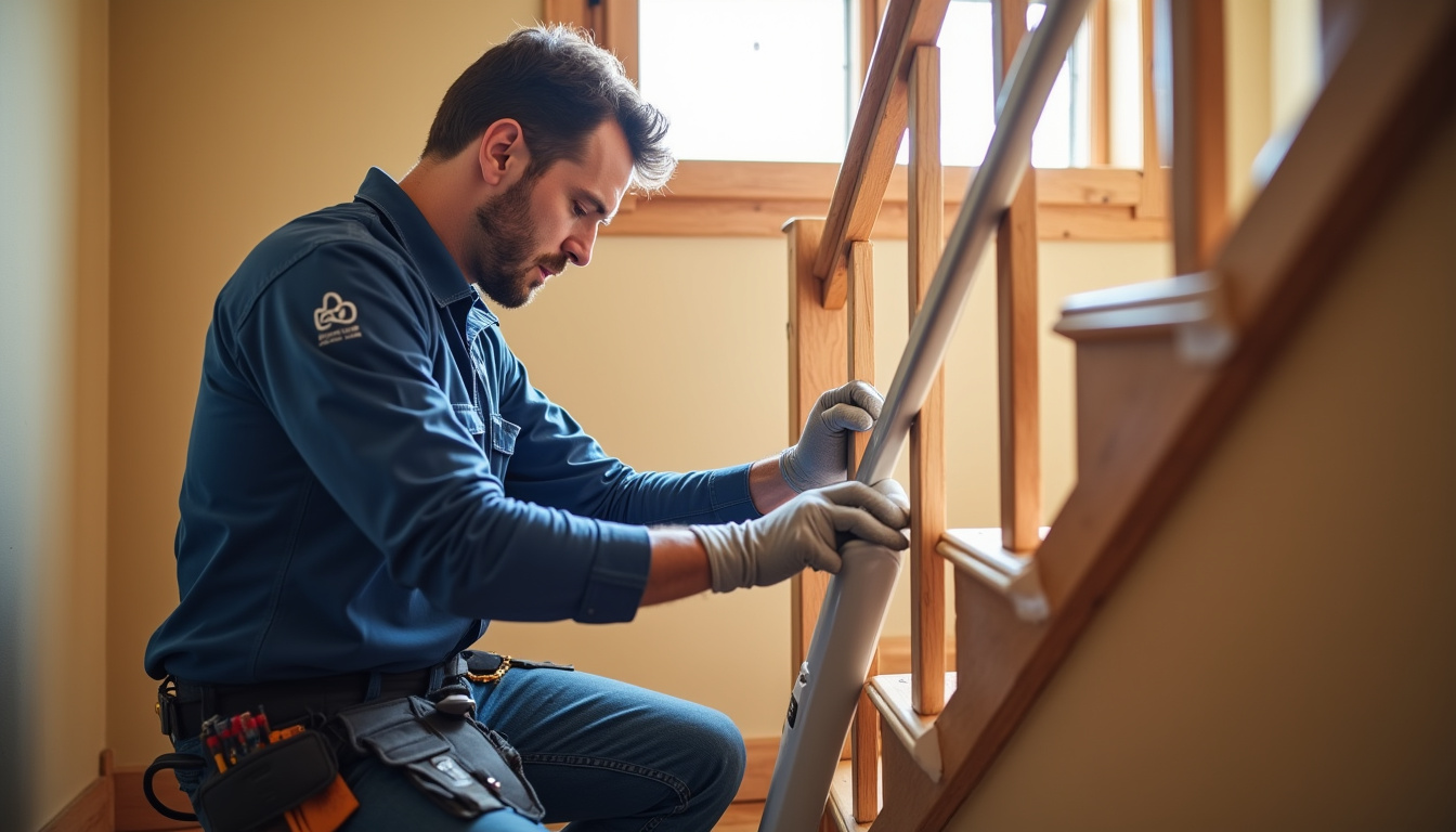 Technicien certifié en train d’installer un monte-escalier dans une maison à Vallons-de-l’Erdre