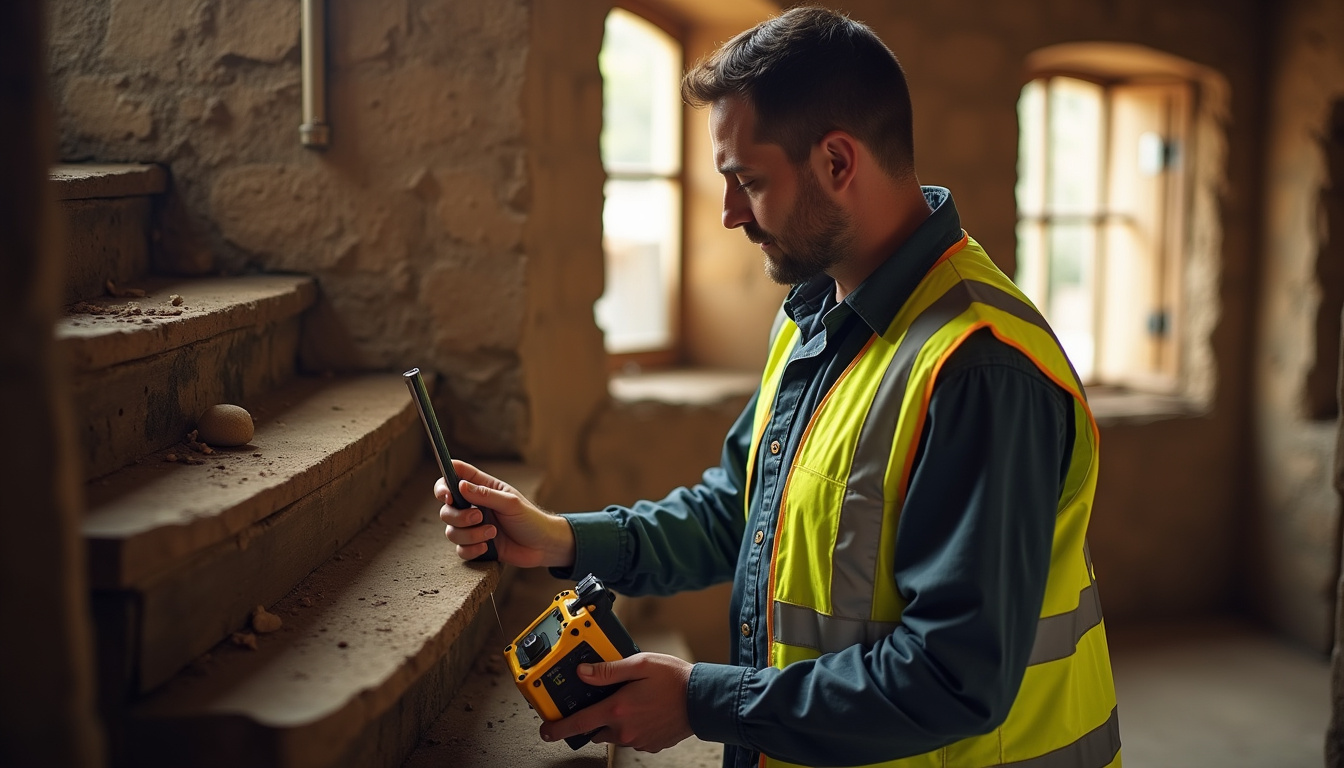 Technicien certifié RGE en train de mesurer un escalier en bois dans une maison ancienne à Locunolé