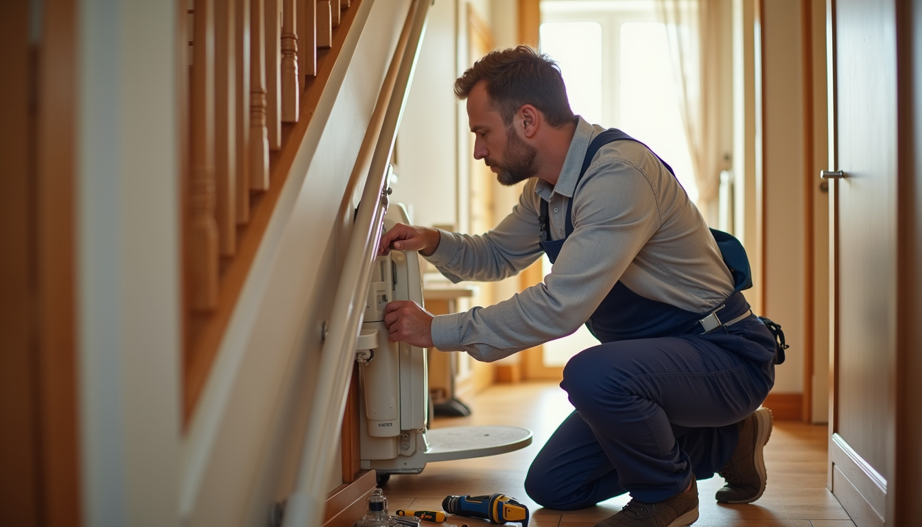 Technicien certifié RGE en train d’installer un monte-escalier dans une maison à Bollezeele