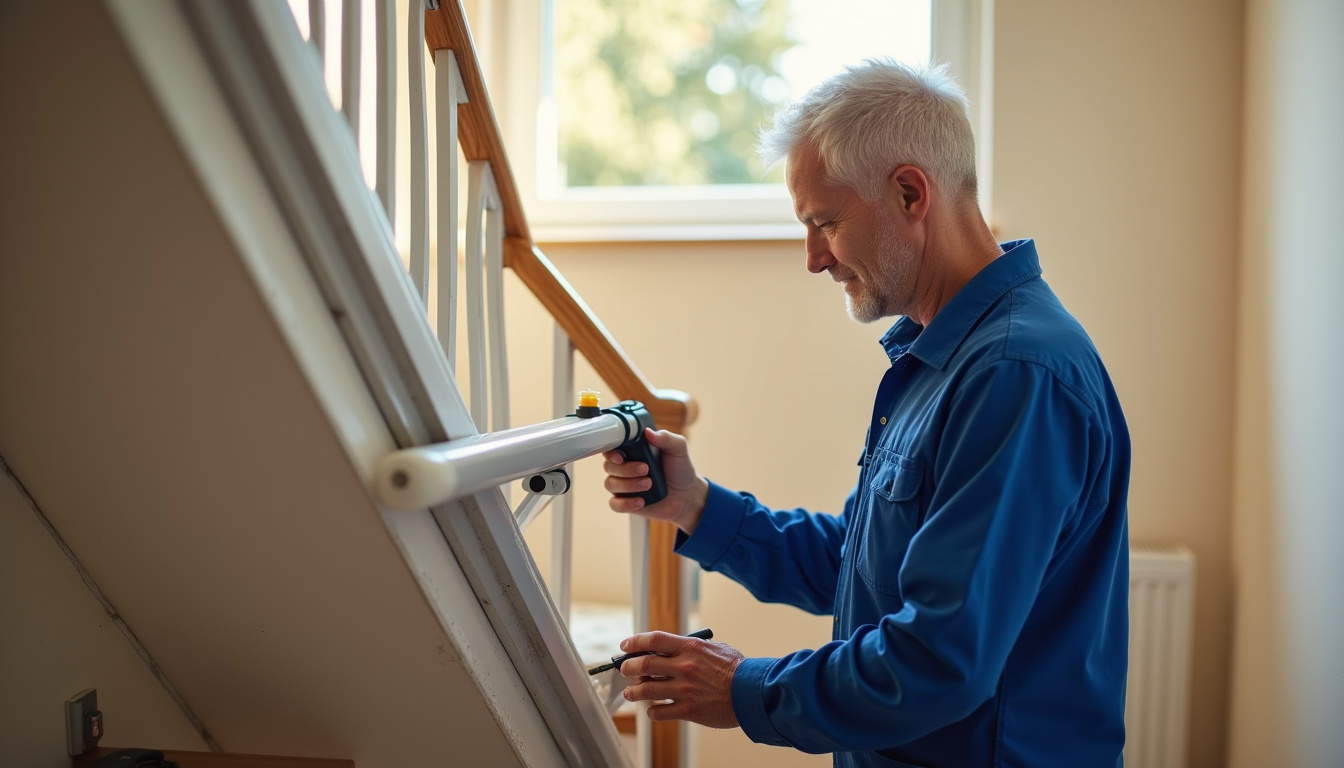 Technicien contrôlant un monte-escalier en service à Spicheren