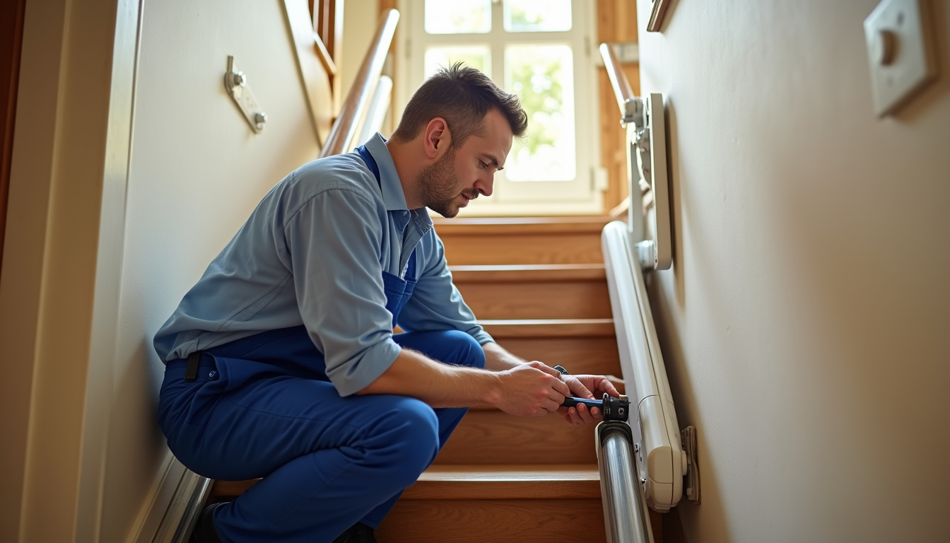 Technicien effectuant l’entretien d’un monte-escalier à Labastide-Saint-Georges