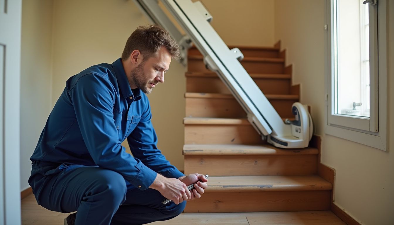 Technicien effectuant l’entretien d’un monte-escalier à Selles-sur-Cher