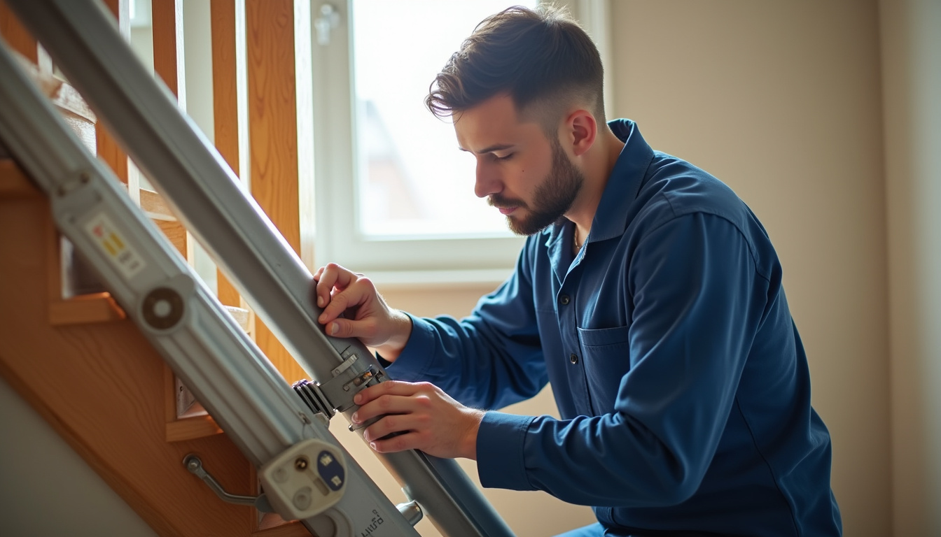 Technicien effectuant un contrôle de maintenance sur un monte-escalier à La Tour-d