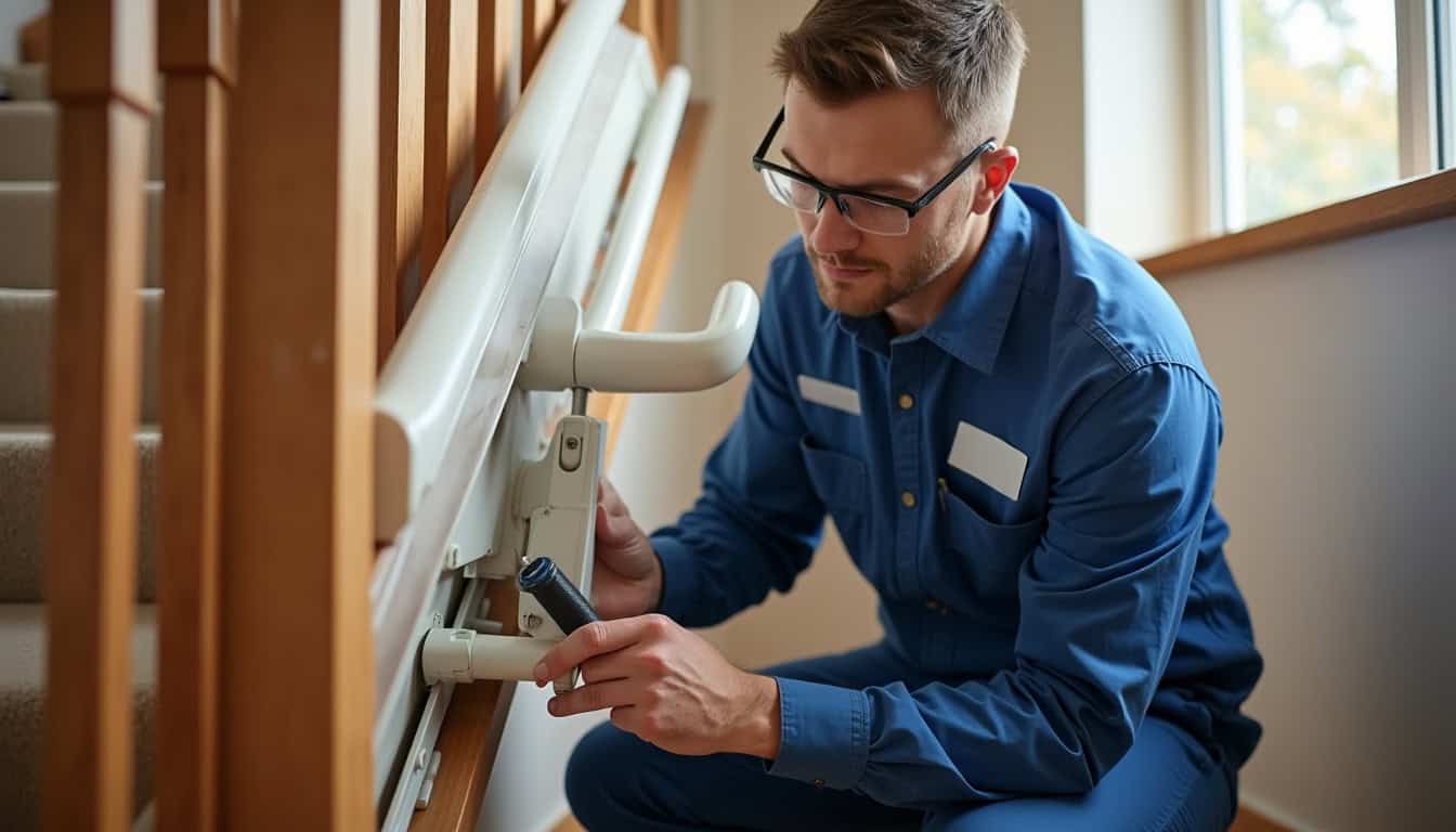 Technicien effectuant un entretien de monte-escalier à Bligny-lès-Beaune
