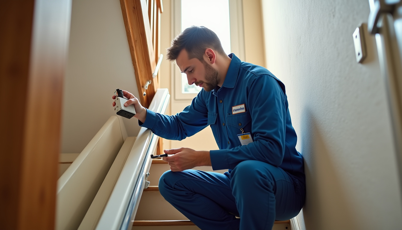 Technicien effectuant un entretien de monte-escalier à Courcelles-Chaussy