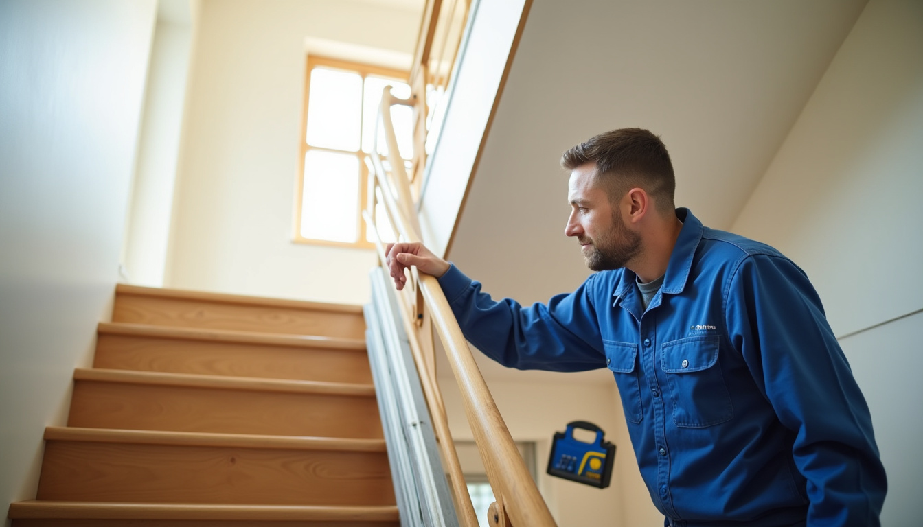 Technicien effectuant un entretien de monte-escalier dans une maison à Limonest