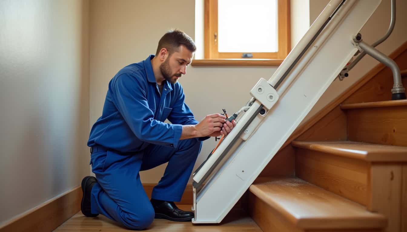 Technicien effectuant un entretien sur un monte-escalier à Grand-Couronne
