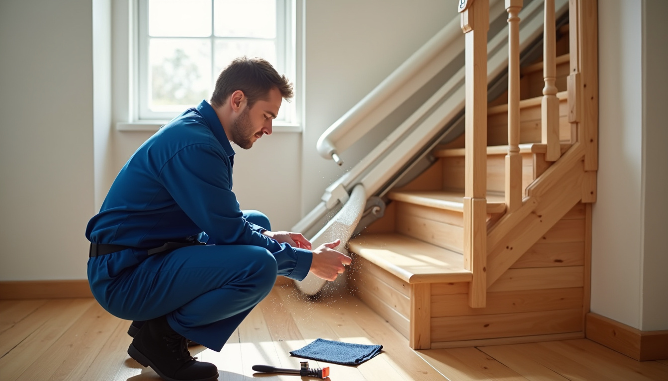 Technicien effectuant un entretien sur un monte-escalier à Hundling