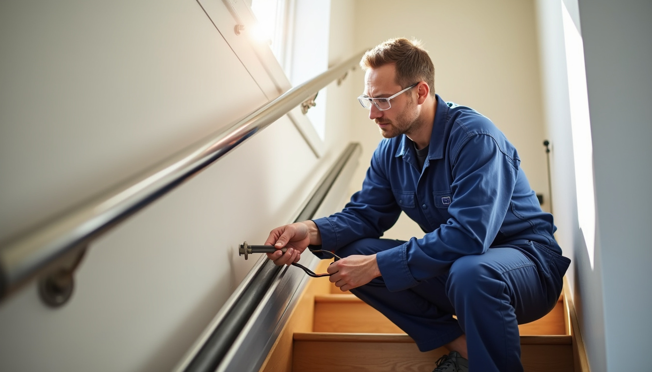 Technicien effectuant une maintenance préventive sur un monte-escalier à Lécousse