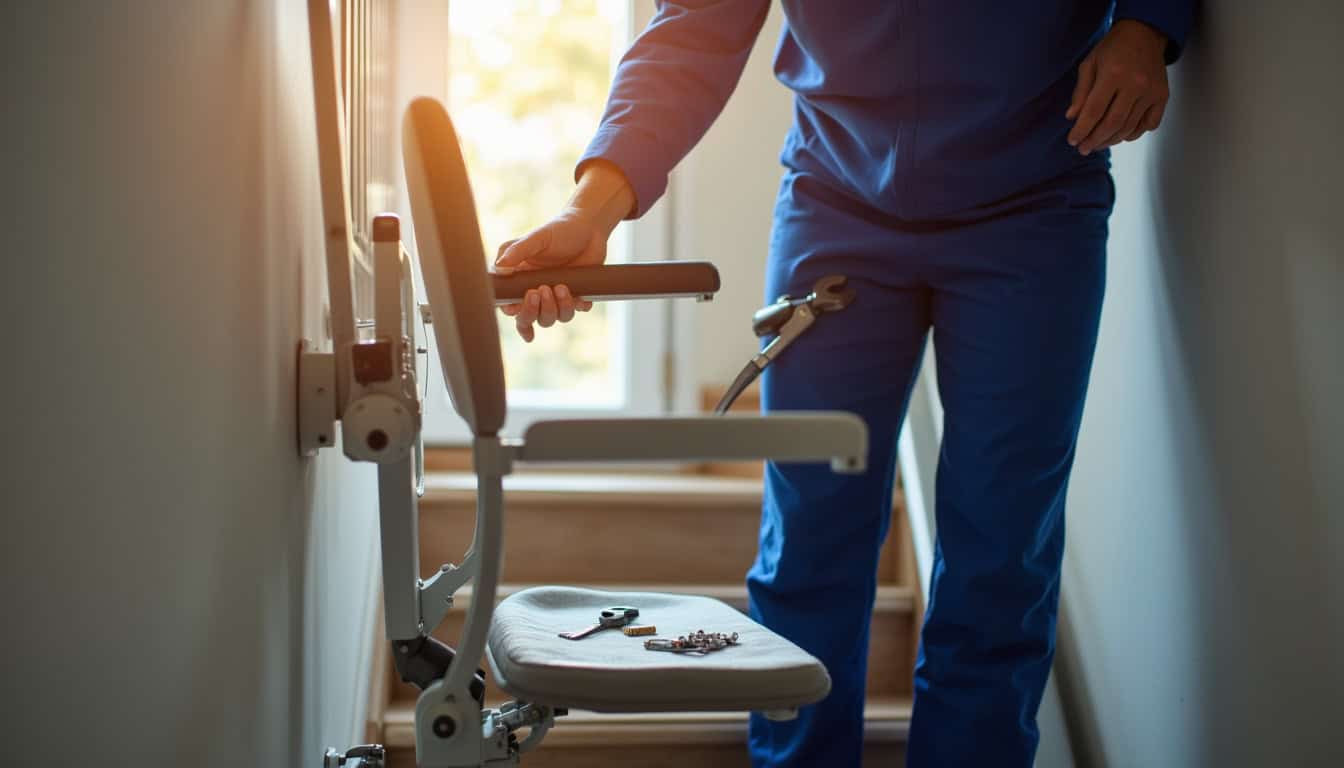 Technicien effectuant une maintenance préventive sur un monte-escalier à Sequedin