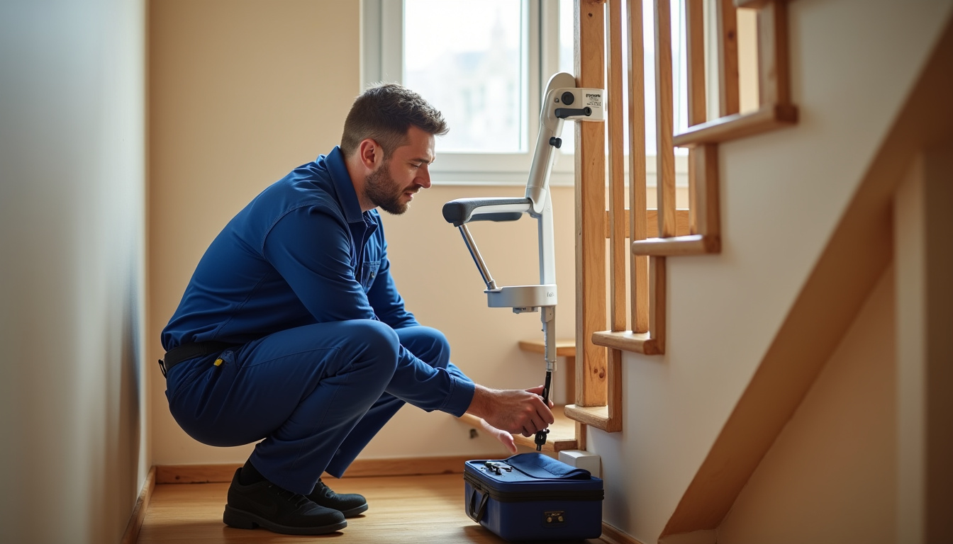 Technicien effectuant une maintenance préventive sur un monte-escalier