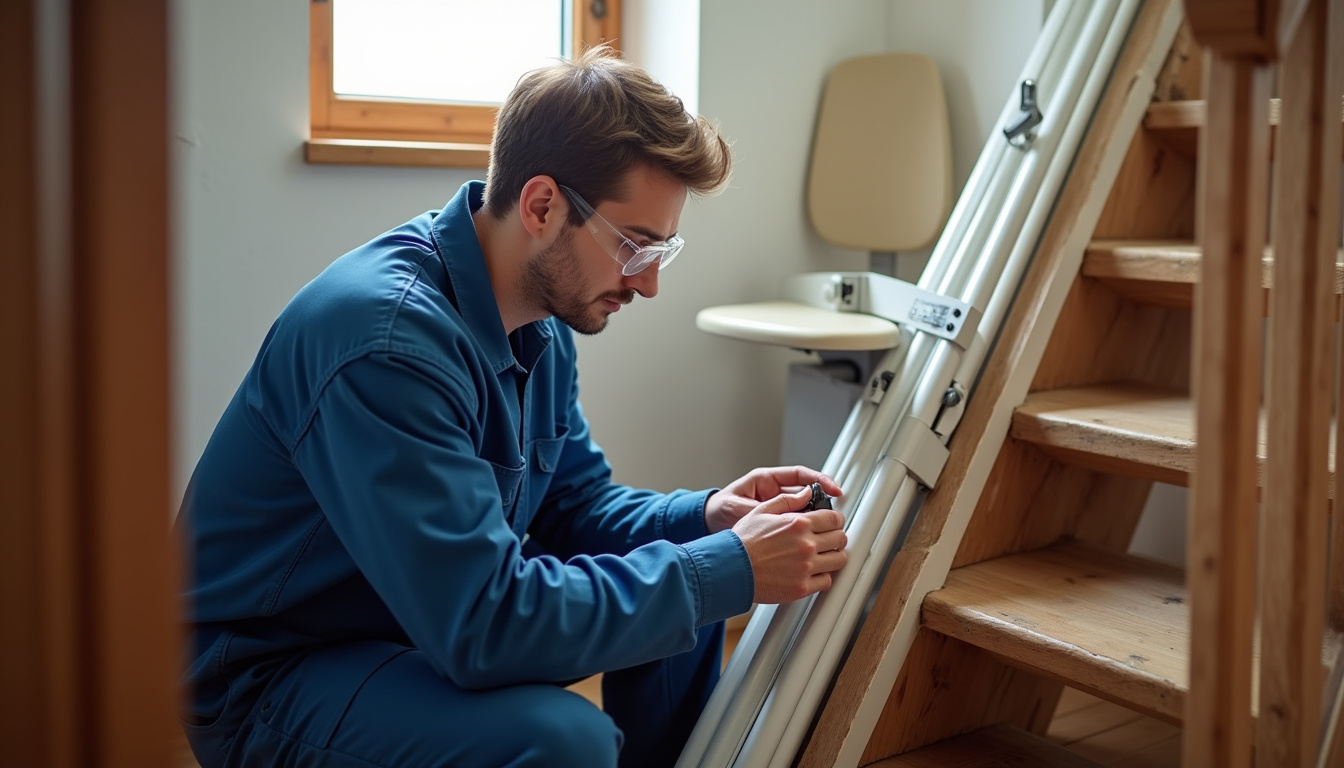 Technicien effectuant une maintenance régulière sur un monte-escalier à Lancié