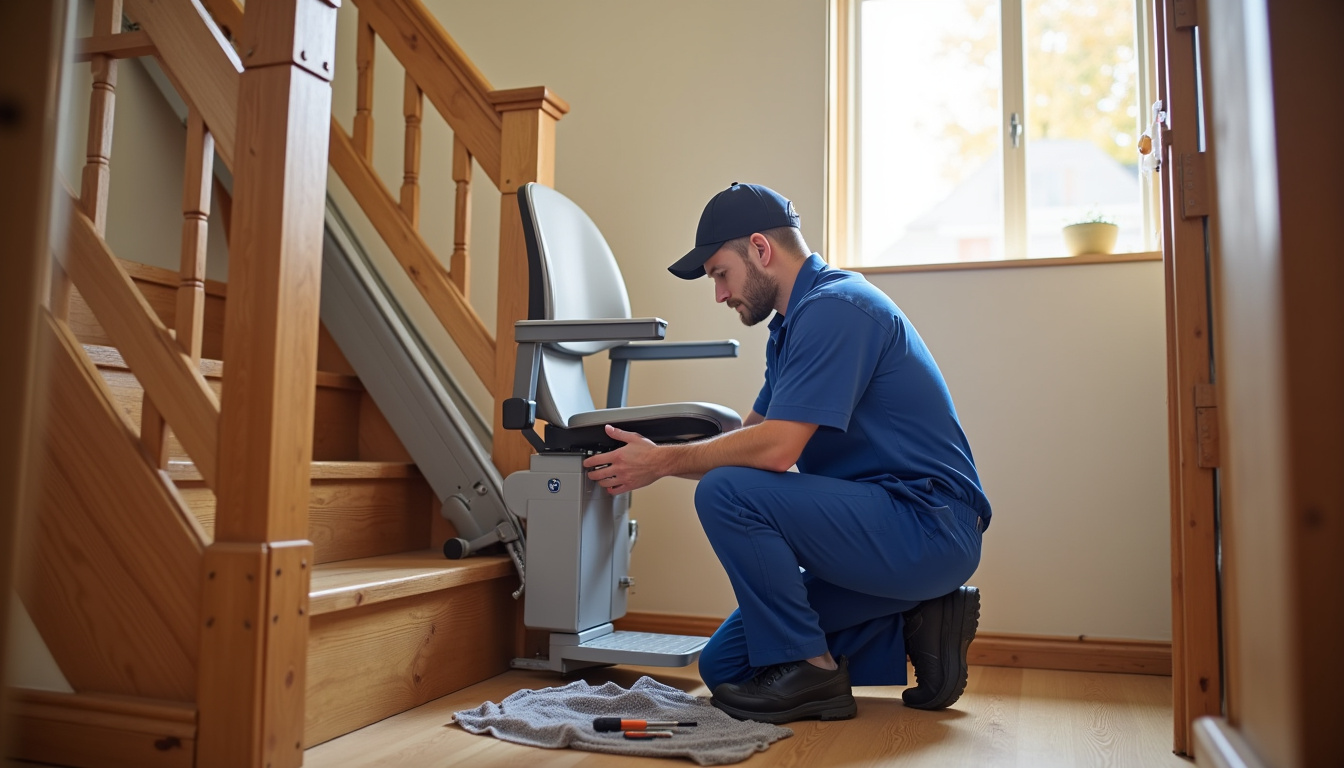 Technicien effectuant une maintenance sur un monte-escalier à Cotignac