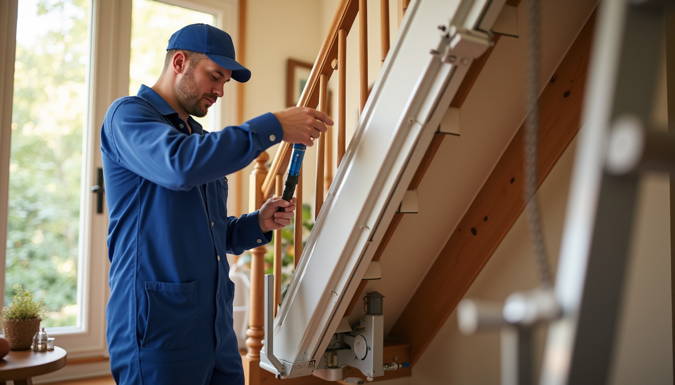 Technicien effectuant une maintenance sur un monte-escalier à Crécy-sur-Serre