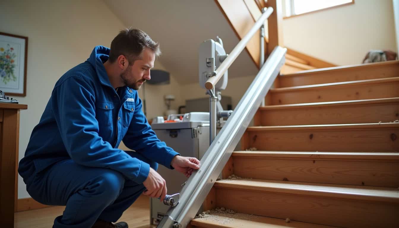 Technicien effectuant une maintenance sur un monte-escalier à Ploeren