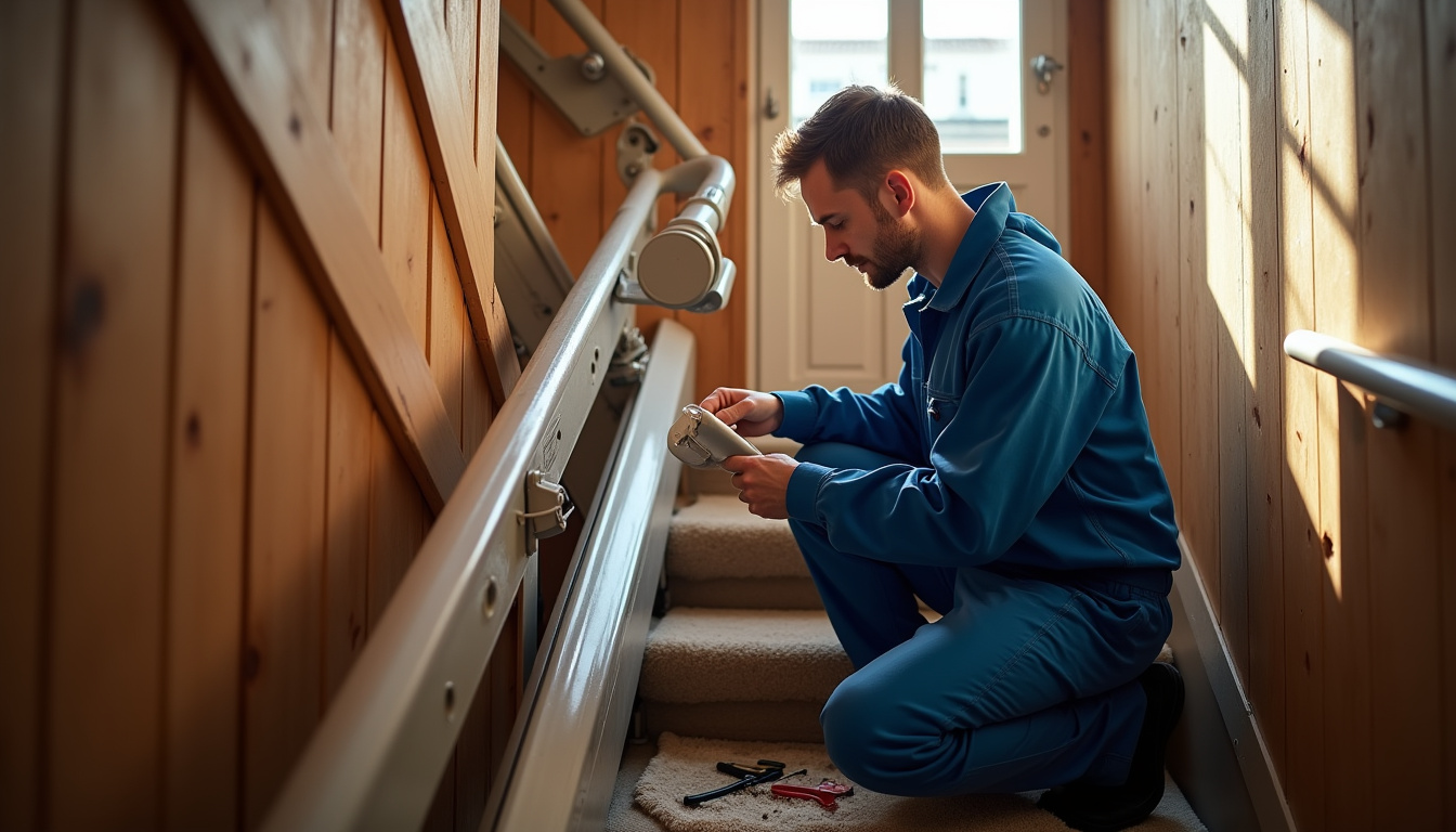 Technicien effectuant une maintenance sur un monte-escalier à Serquigny