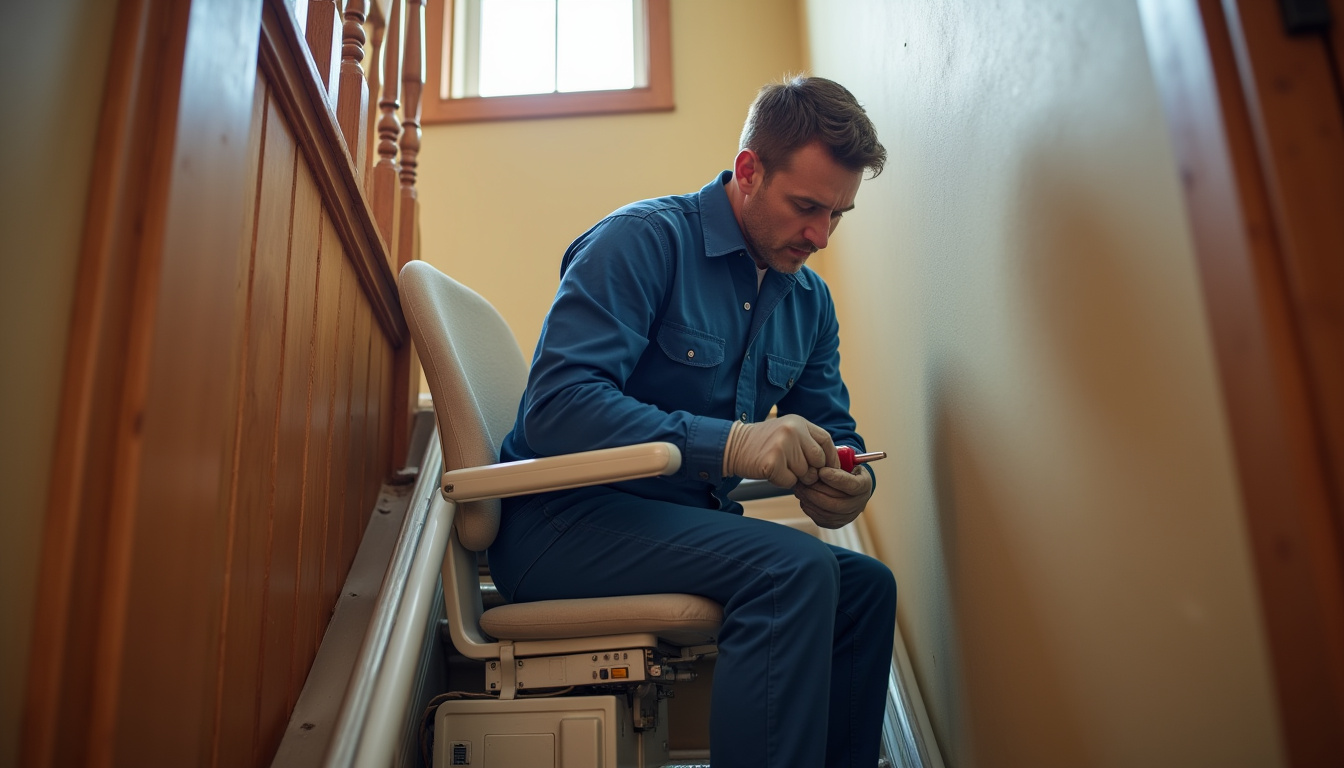 Technicien effectuant une maintenance sur un monte-escalier à Yenne