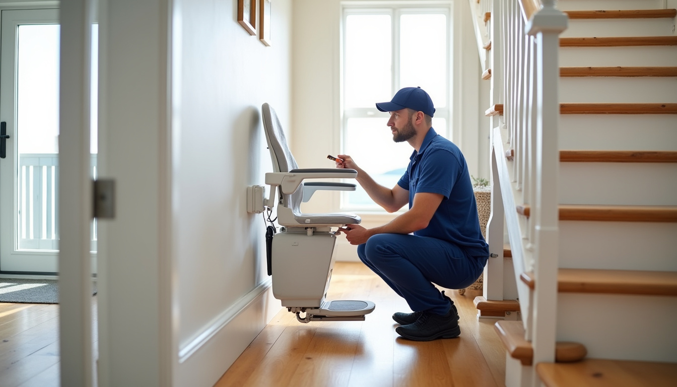 Technicien effectuant une maintenance sur un monte-escalier dans une maison côtière