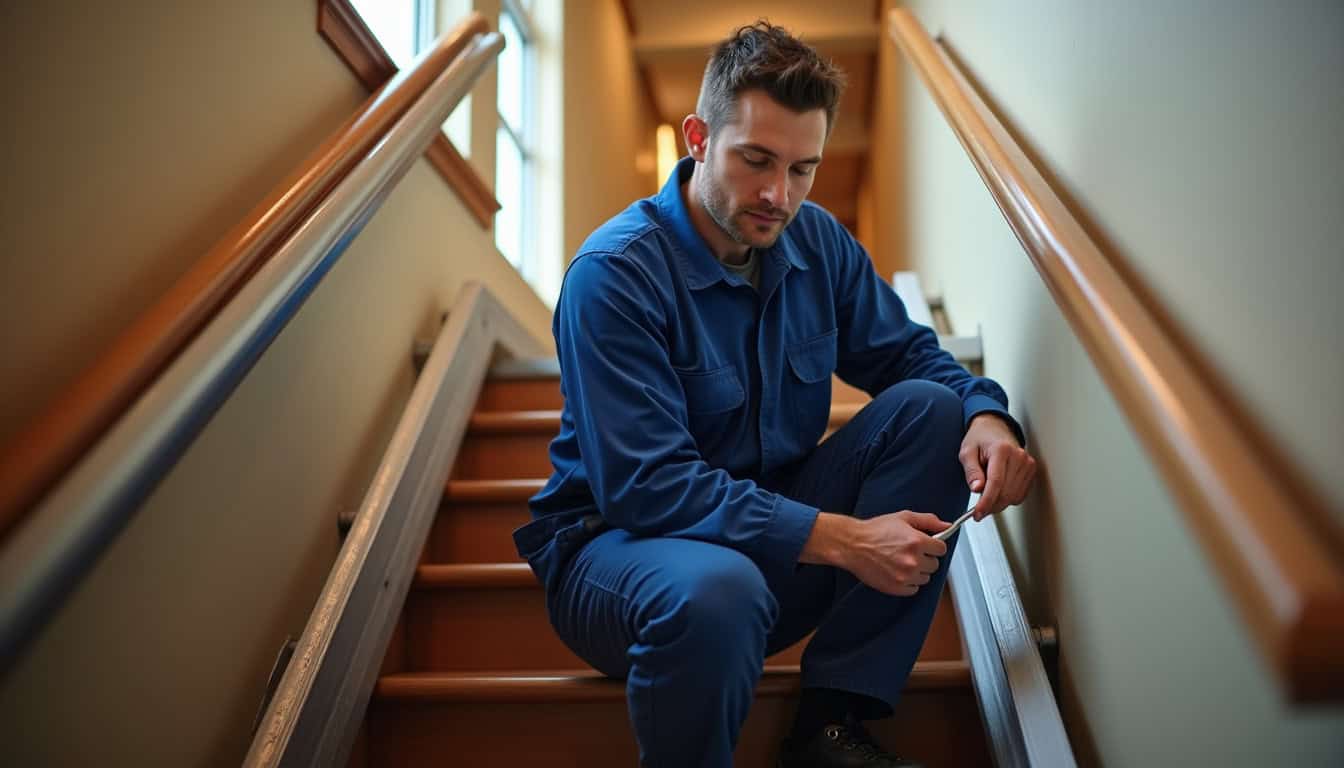 Technicien effectuant une vérification de maintenance sur un monte-escalier à Bouvignies