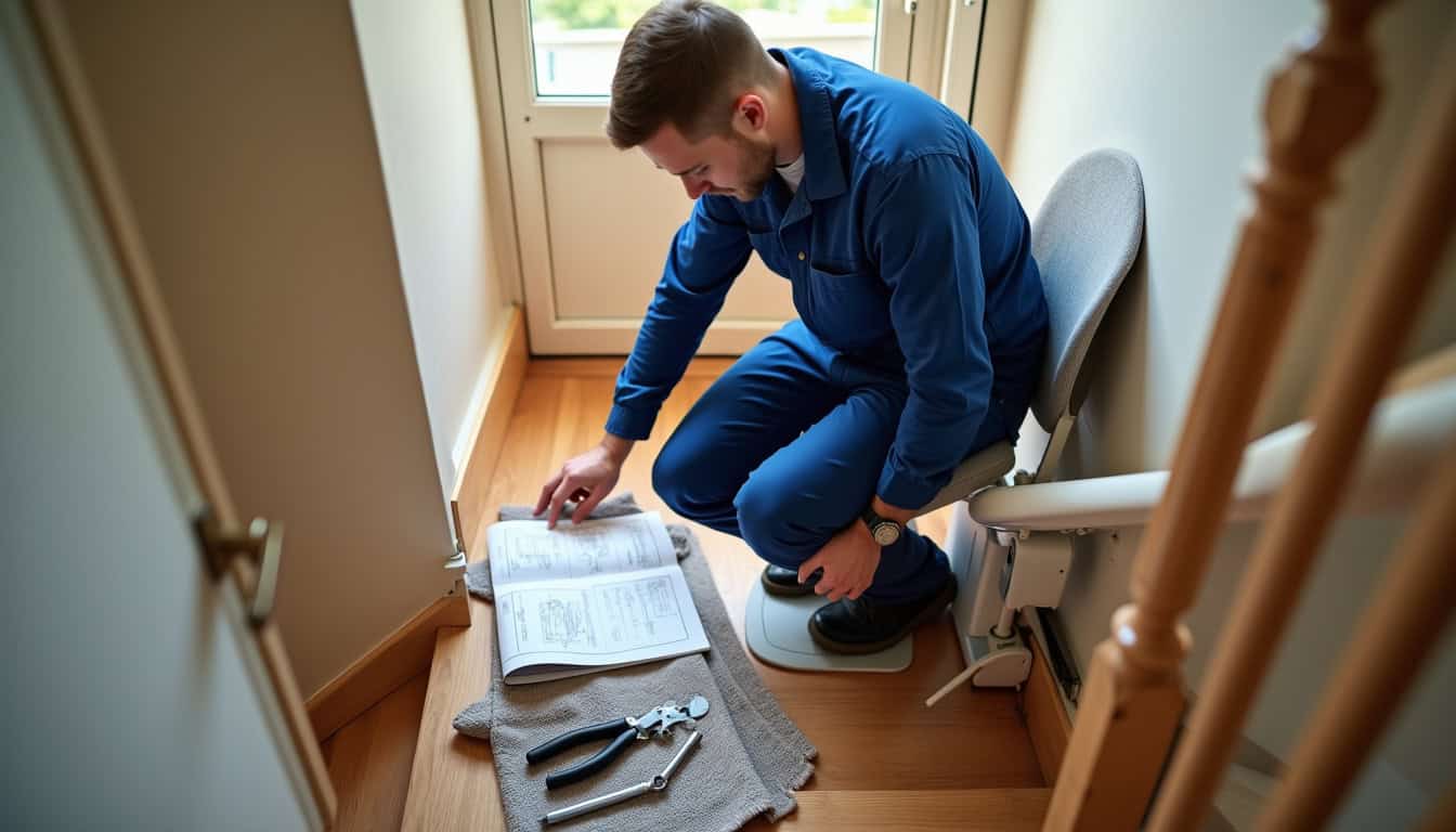 Technicien effectuant une vérification d’entretien sur un monte-escalier, avec outils et manuel technique à côté