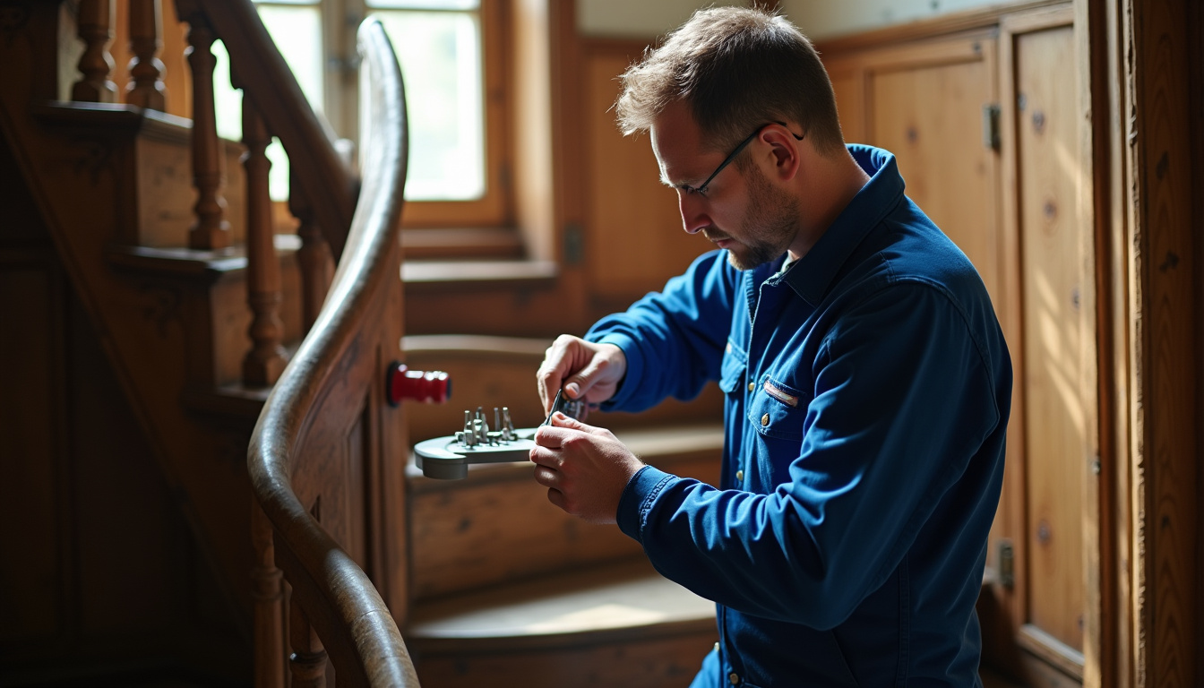 Technicien en combinaison bleue ajustant un monte-escalier tournant dans une maison ancienne à Courpalay