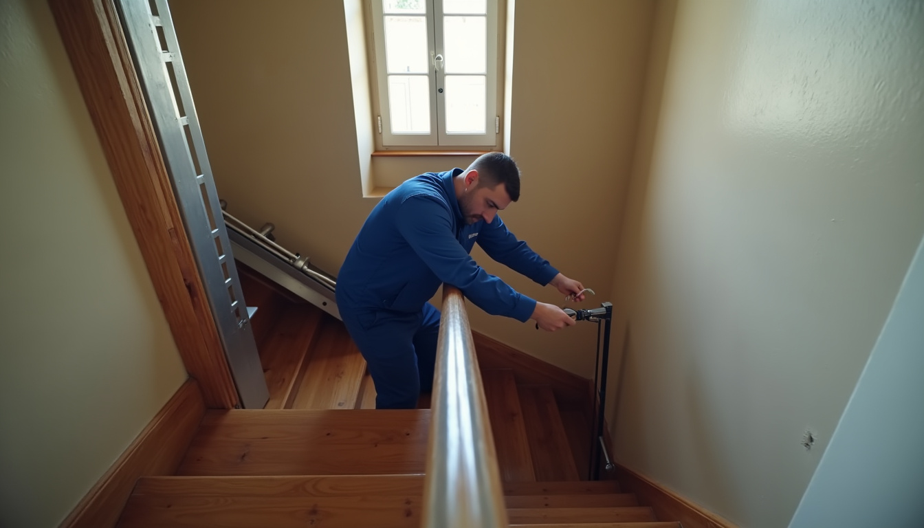Technicien en combinaison vérifiant le montage d’un monte-escalier sur rail