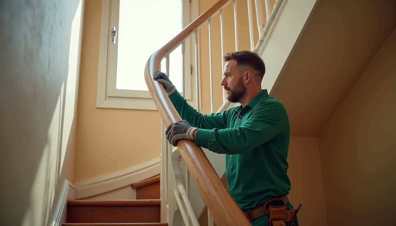 Technicien en combinaison verte installant un monte-escalier dans une maison à Saint-Laurent-des-Vignes