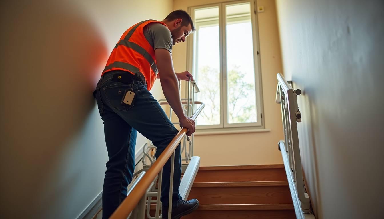 Technicien en tenue de travail installant un monte-escalier dans un escalier intérieur à Arcueil