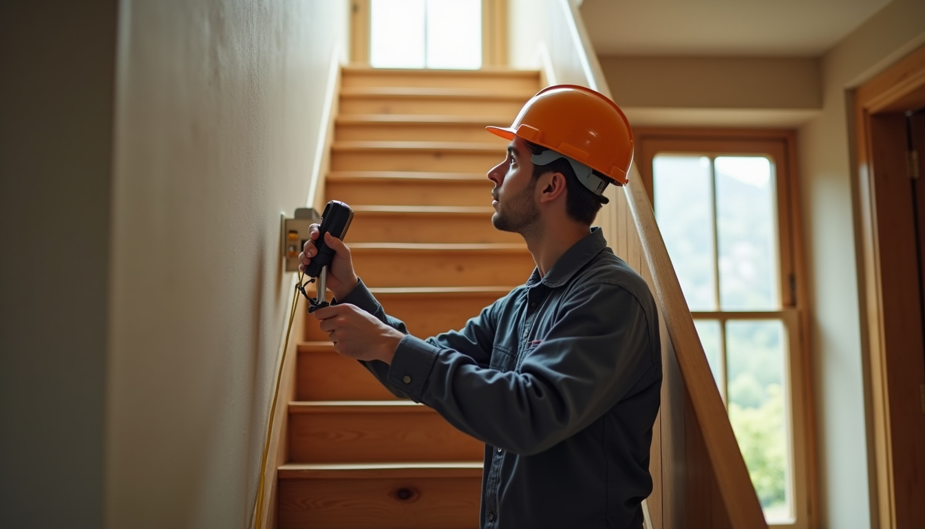 Technicien en tenue de travail mesurant un escalier intérieur dans une maison à Chavanay