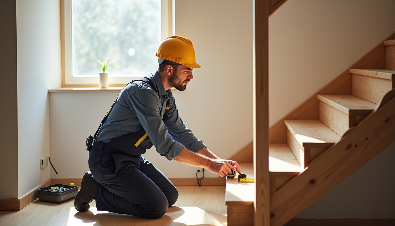 Technicien en tenue professionnelle en train de mesurer un escalier avant installation d’un monte-escalier à Leforest