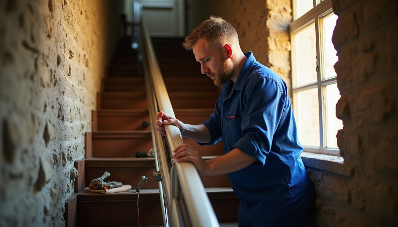 Technicien en tenue professionnelle installant un monte-escalier dans une maison ancienne à Chantenay-Saint-Imbert