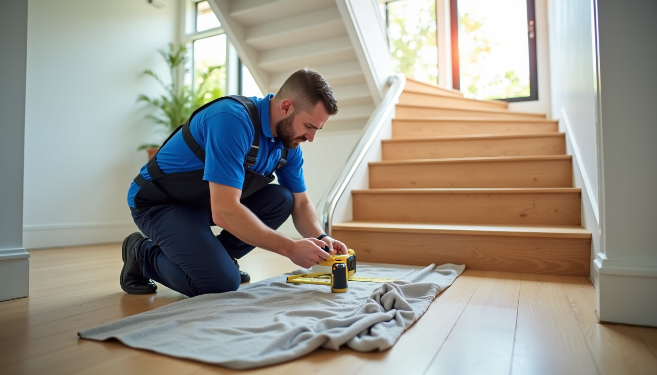 Technicien en train d’analyser un escalier à Coubron pour une installation sur mesure