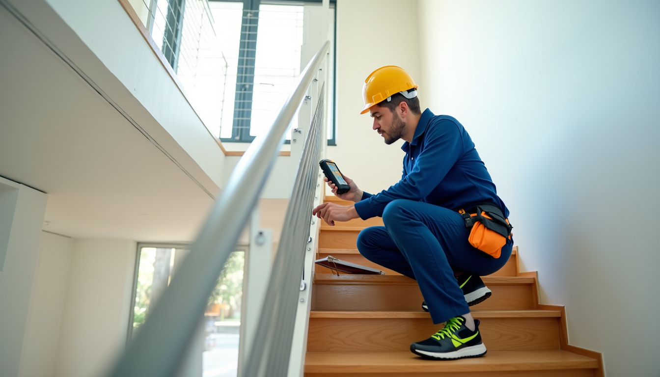 Technicien en train d’analyser un escalier droit dans une maison à Thoiry