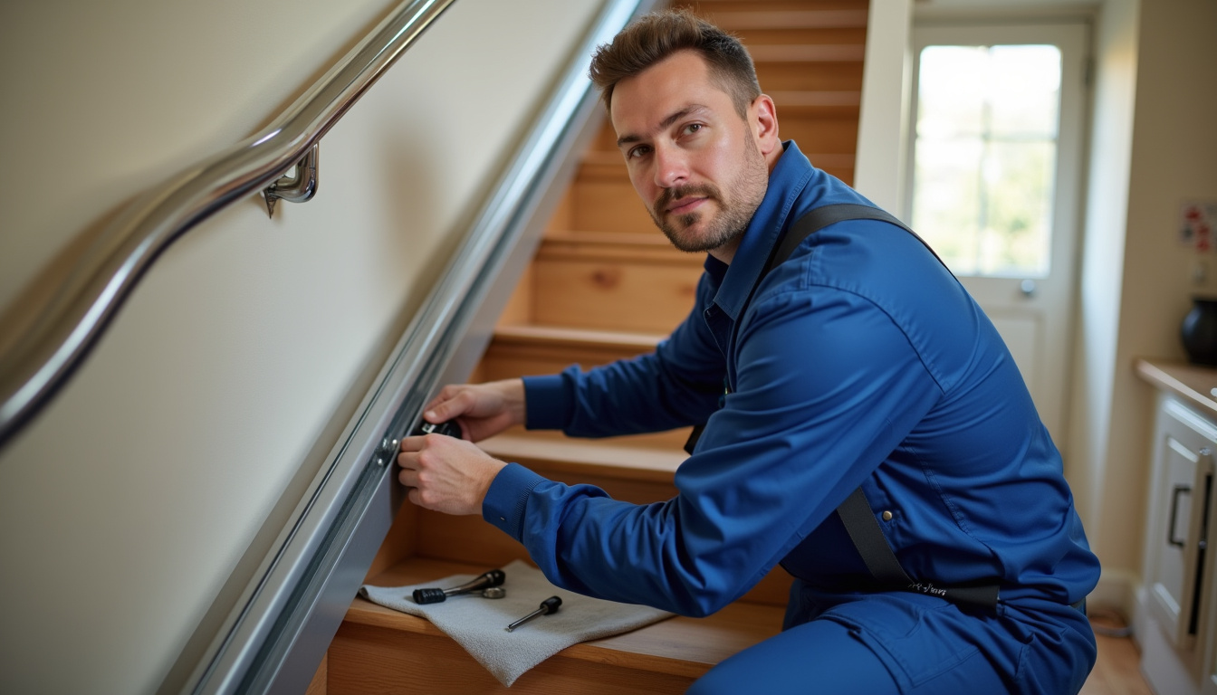 Technicien en train de mesurer et installer un rail de monte-escalier à Pomeys