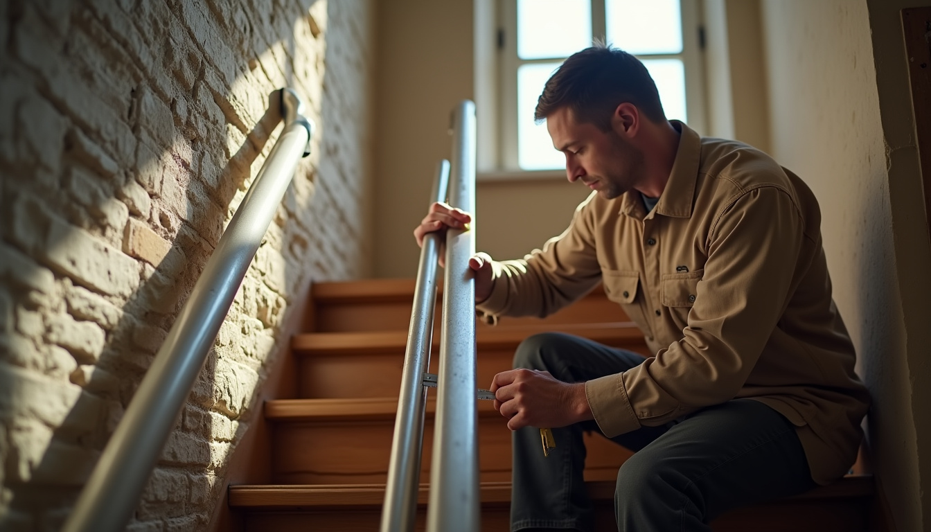 Technicien en train de mesurer et installer un rail de monte-escalier dans une maison bretonne