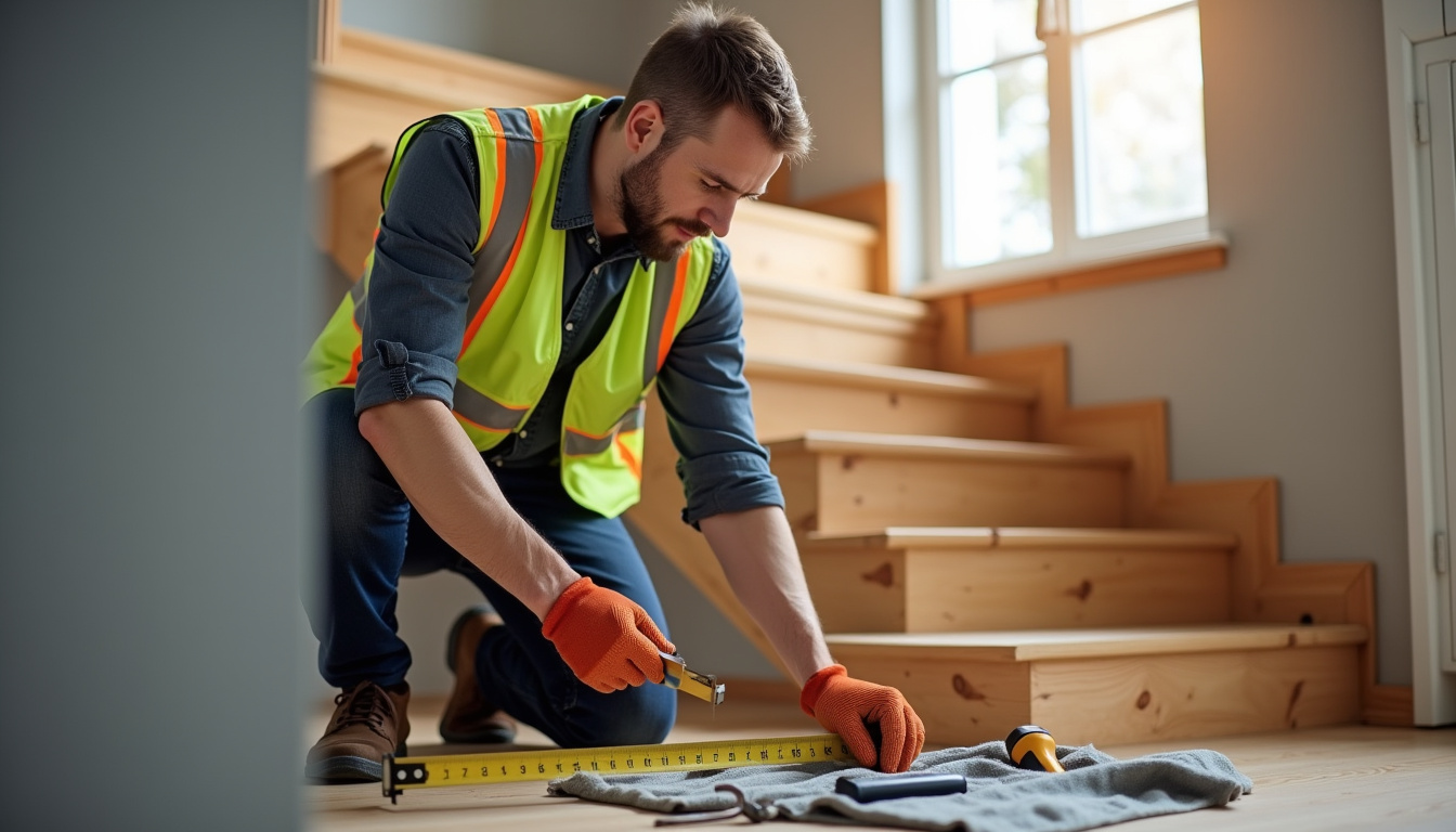 Technicien en train de mesurer précisément un escalier en bois avant installation d