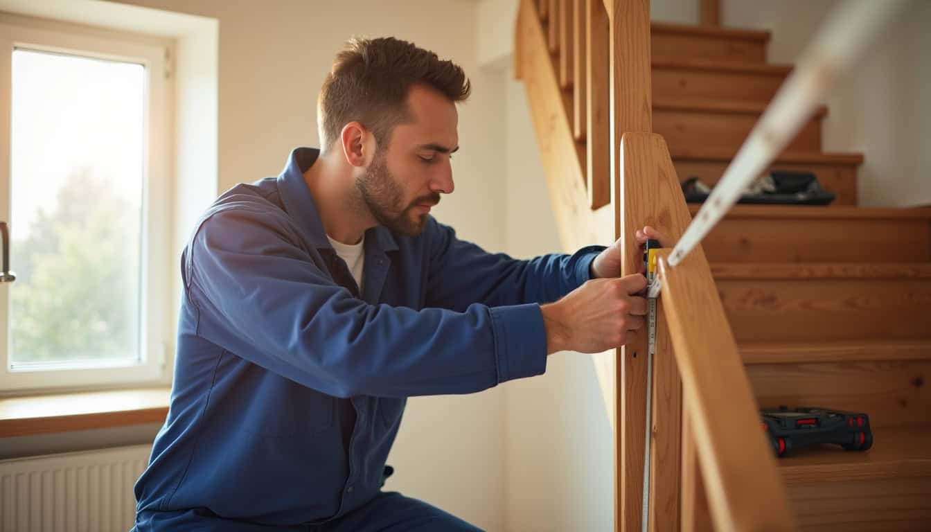 Technicien en train de mesurer un escalier à Belpech pour une installation sur mesure