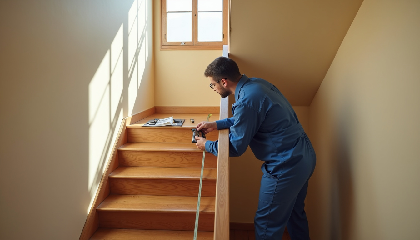 Technicien en train de mesurer un escalier à Brix pour une installation personnalisée
