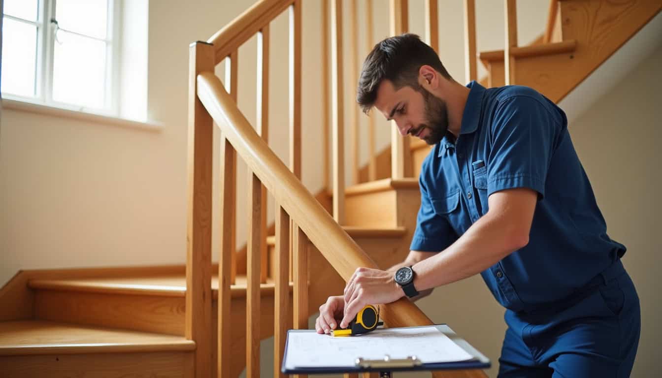 Technicien en train de mesurer un escalier à Caraman pour un devis de monte-escalier